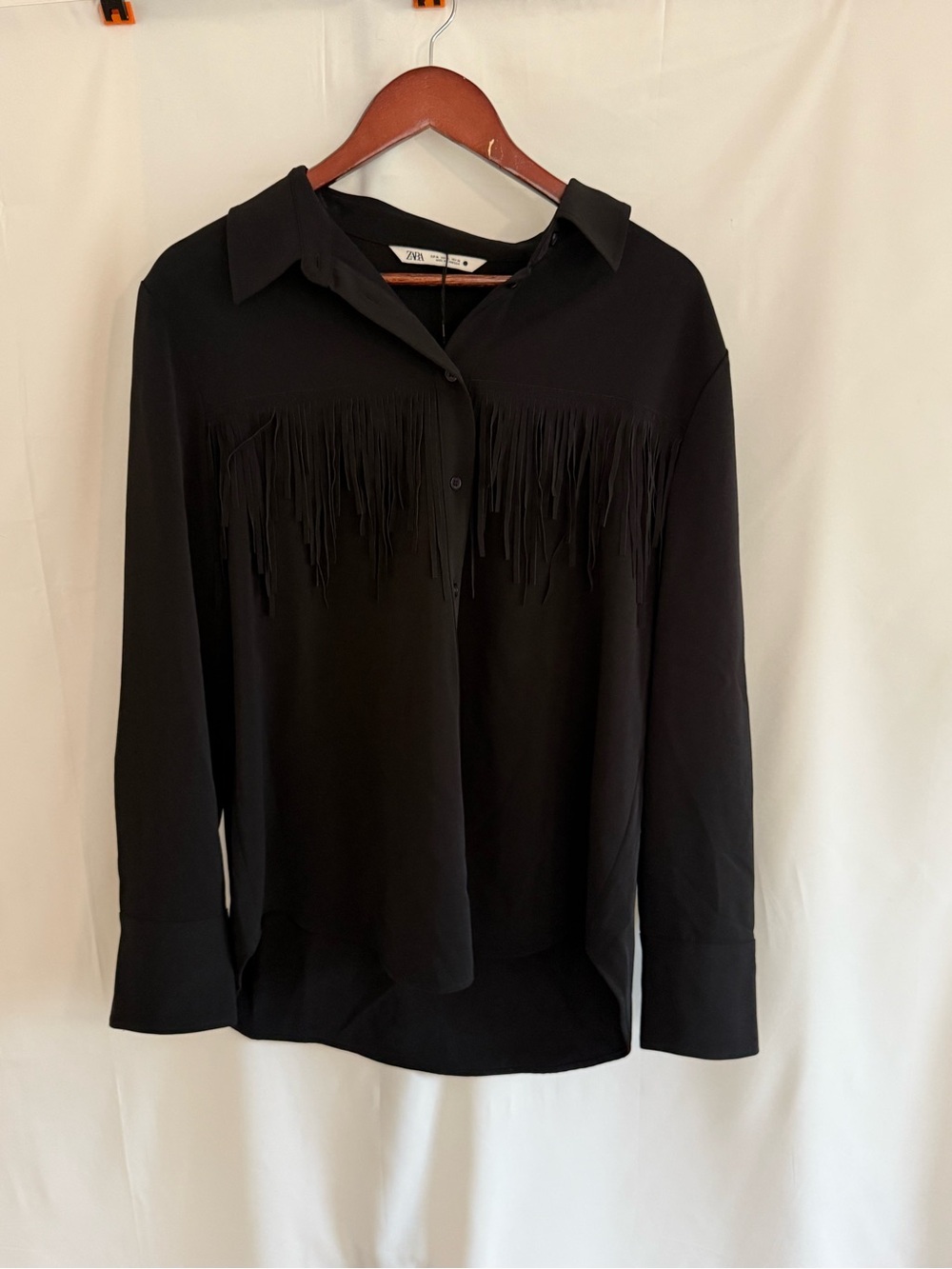 Zara Black Fringe Button-Up Blouse